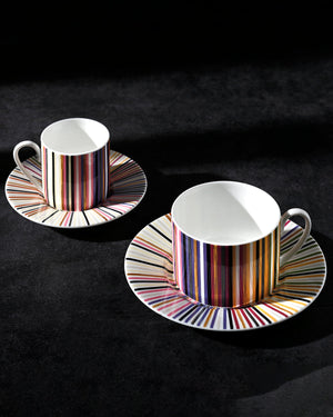 Tea Cup & Saucer STRIPES Set of 2 in Luxury Box Jenkins 156 diam. 3.3", H 2.3", cap. 7.5 oz, Saucer diam. 6"