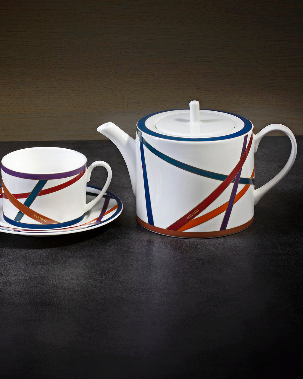 Tea Cup & Saucer NASTRI Set of 6 in Luxury Box Multicolor diam. 3.3", H 2.3", cap. 7.5 oz, Saucer dim. 6"