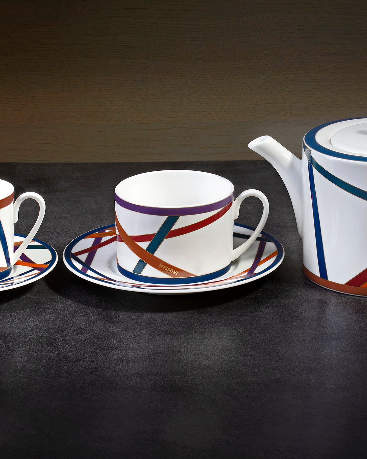 Tea Cup & Saucer NASTRI Set of 2 in Luxury Box Multicolor diam. 3.3", H 2.3", cap. 7.5 oz, Saucer dim. 6"