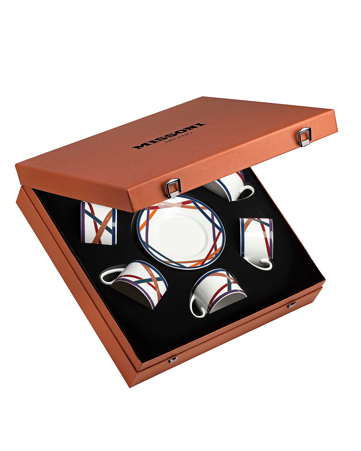Tea Cup & Saucer NASTRI Set of 6 in Luxury Box Multicolor diam. 3.3", H 2.3", cap. 7.5 oz, Saucer dim. 6"