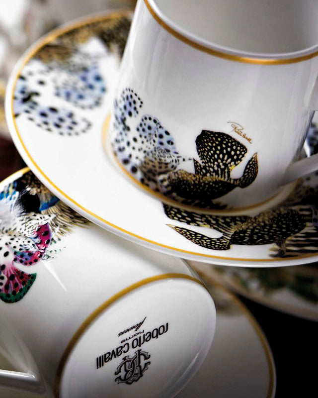 Coffee Cup & Saucer FLOWERS MODEL F-B Set of 2 in Luxury Box  diam. 2.3", H 2.5", Cap. 4 oz, Saucer diam. 4.75"