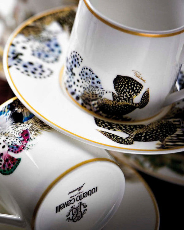 Coffee Cup & Saucer FLOWERS MODEL F-B Set of 2 in Luxury Box  diam. 2.3", H 2.5", Cap. 4 oz, Saucer diam. 4.75"