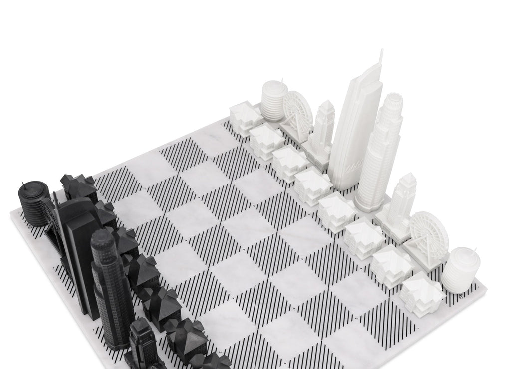 Chess Set Acrylic LOS ANGELES with Marble Hatch Board