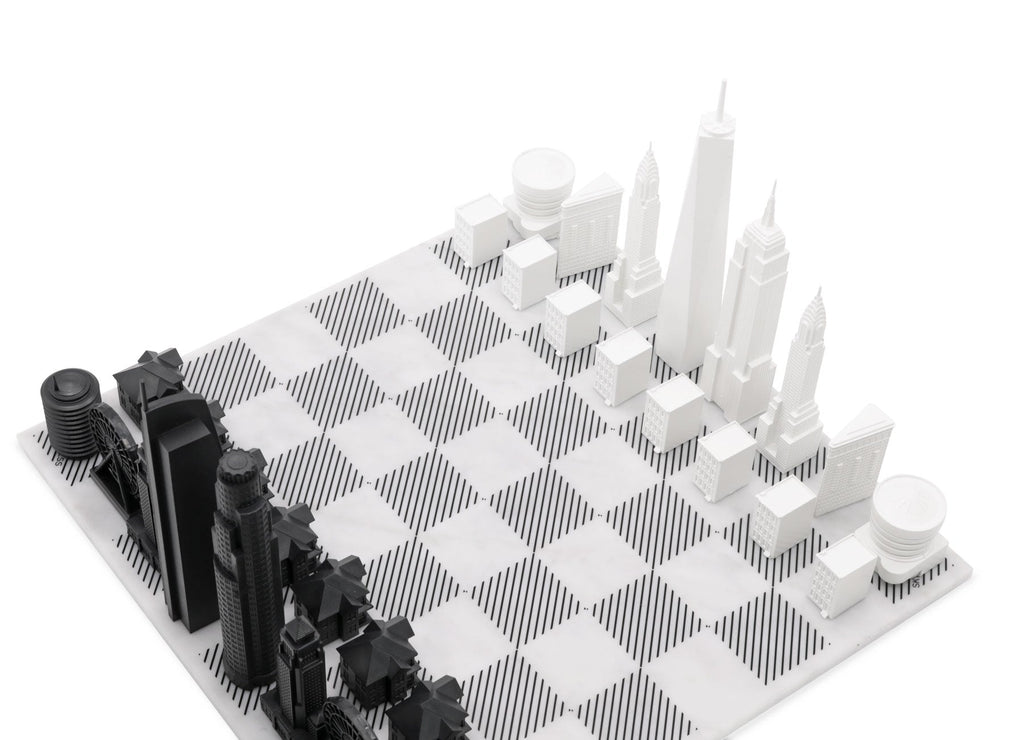 Chess Set Acrylic NEW YORK vs LOS ANGELES with Marble Hatch Board